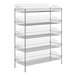 A Regency chrome metal stationary storage display stand with 5 baskets on shelves.