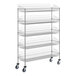 A chrome wire shelving rack with five baskets.