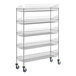 A Regency chrome wire rack with 5 shelves on wheels.