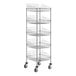 A chrome Regency mobile storage display stand with 5 baskets on wheels.