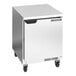 A Beverage-Air stainless steel worktop refrigerator with wheels.