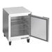 A silver Beverage-Air undercounter refrigerator with a flat top and door open.