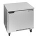 A Beverage-Air stainless steel undercounter refrigerator with a flat top and door open.