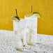 Two Arcoroc Essentials Collins glasses of water with lime wedges and straws.