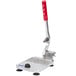 A stainless steel and red plastic Vollrath Oyster Shucker.