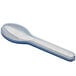 A Sola 18/0 stainless steel flatware set with a plastic spoon with a blue handle.