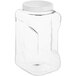 A clear plastic square jar with a white lid.