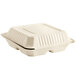 A white Footprint Bagasse 3-compartment take-out container with a lid.