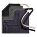 A group of four gray denim half bistro aprons with natural webbing straps.