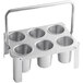 A stainless steel flatware carrier with six stainless steel cylinders inside.