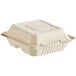 A white Footprint Bagasse 3-compartment take-out container with a lid.
