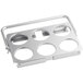 A stainless steel flatware carrier with six perforated holes.