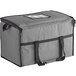 A gray insulated cooler bag with black straps and a zipper.