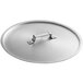 A silver domed aluminum lid with a handle.