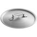 A silver domed aluminum lid with a handle.