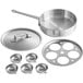 A stainless steel pan with 5 egg cups, inset, and cover.