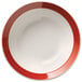 A white melamine bowl with a narrow rim and a red band.