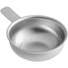 A silver aluminum egg poacher cup with a handle.