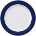 A white Libbey melamine plate with a blue and white rim.