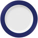 A Libbey bright white melamine plate with medium white and blue rims.