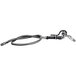 A black and silver hose with a metal nozzle and hook.