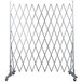 A silver metal Versare Lock-N-Block collapsible security gate with wheels.