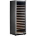 A black and silver AvaValley wine cooler with wooden shelves.