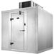 An Amerikooler outdoor walk-in cooler with a white metal door open.