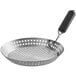 A stainless steel round pan with a black removable handle and holes.