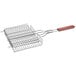An Outset chrome grill basket with a wooden handle.