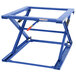 A blue metal scissor lift table with a red handle.
