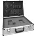 A silver aluminum Vestil carrying case with black inserts.