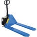 A blue pallet jack with a black handle.