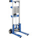 A blue and silver Vestil hand winch fork lift truck with wheels.