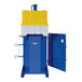 A blue and yellow machine with a door open that has a blue and white container inside.