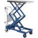 A blue and silver Vestil hydraulic lift cart with wheels.