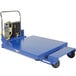 A blue Vestil battery-powered scissor lift table with adjustable platform.