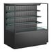 A black Structural Concepts refrigerated display case with glass shelves.