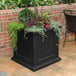 A black square planter box with plants growing in it.