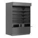 A black metal cabinet with shelves.