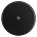 A black round polypropylene non-skid serving tray with white text.