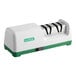 A white and green Garde 2 stage heavy-duty electric knife sharpener on a counter.