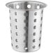 A silver stainless steel flatware holder with holes.