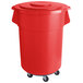 A red plastic 55 gallon mobile ingredient storage bin with lid.