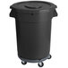 A black mobile ingredient storage bin with a lid on wheels.