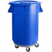 A blue plastic bin on wheels.