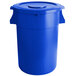 a blue trash can with a lid
