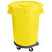 A yellow mobile ingredient storage bin with a lid on wheels.