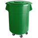 A green mobile ingredient storage bin with black wheels and a lid.