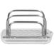 A stainless steel tray with metal handles and holes.
